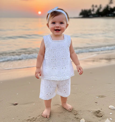 Tiny Tiggy Baby Girl Summer Eyelet Embroidery Set – Lightweight White Top & Shorts