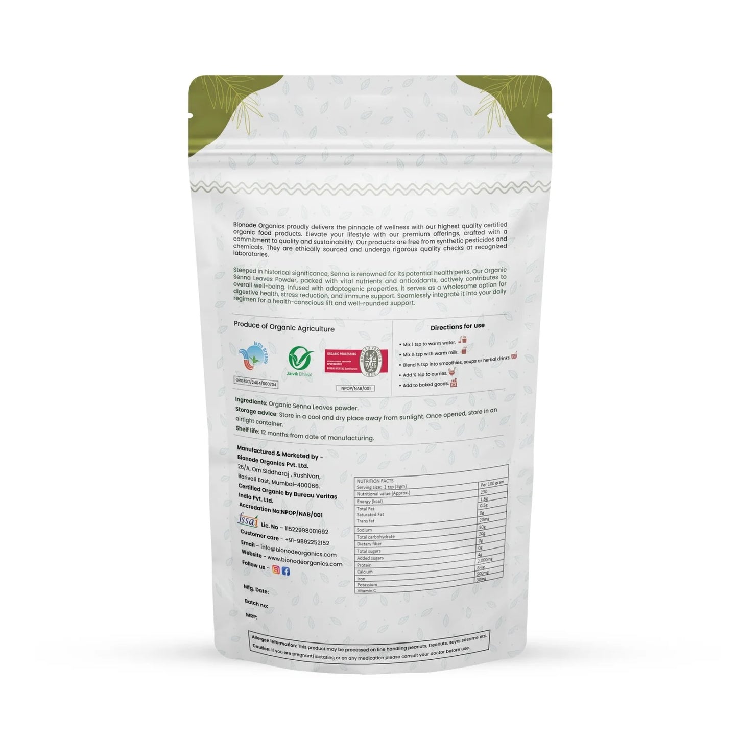 Bionode Organic Senna leaves Powder (100 GM)