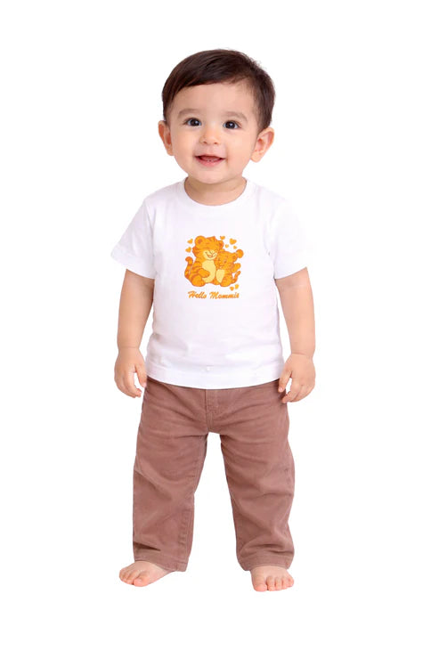 Tiny Tiggy Bamboo T-Shirt and Trouser Set | Mama & Baby Tiger Print White Tee with Brown Corduroy Bottom