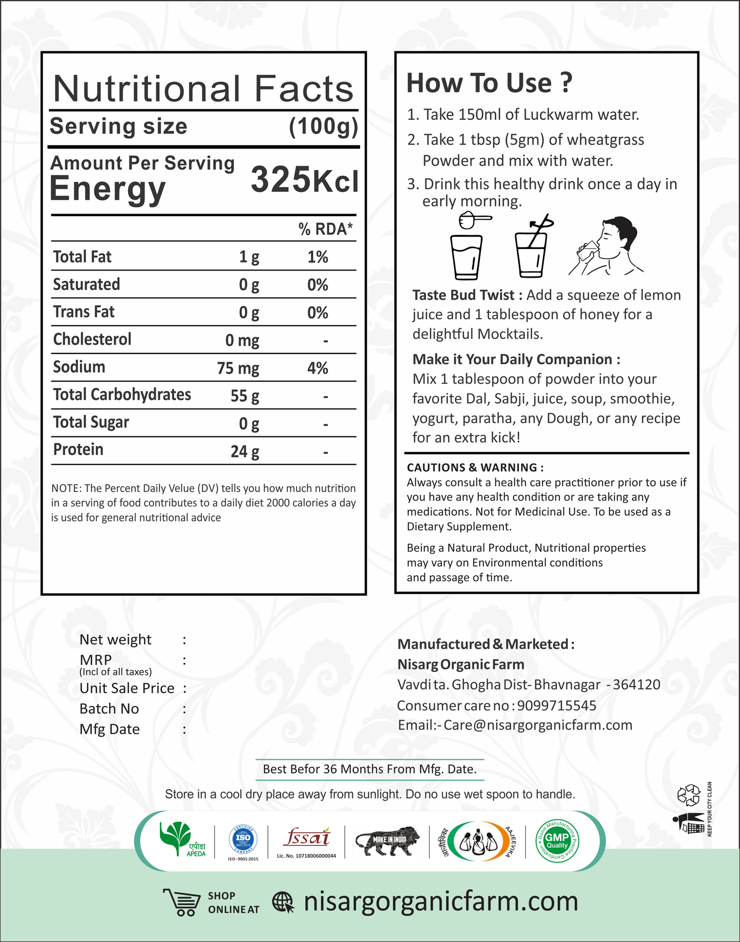 Nisarg Organic Farm Wheatgrass Powder