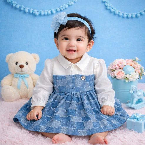 Tiny Tiggy Baby Girl Premium Cotton Denim Frock with attached White shirt