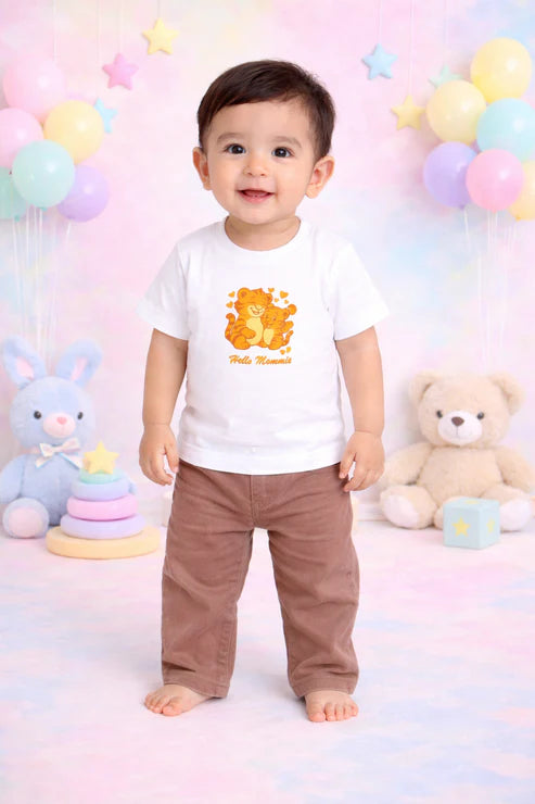 Tiny Tiggy Bamboo T-Shirt and Trouser Set | Mama & Baby Tiger Print White Tee with Brown Corduroy Bottom