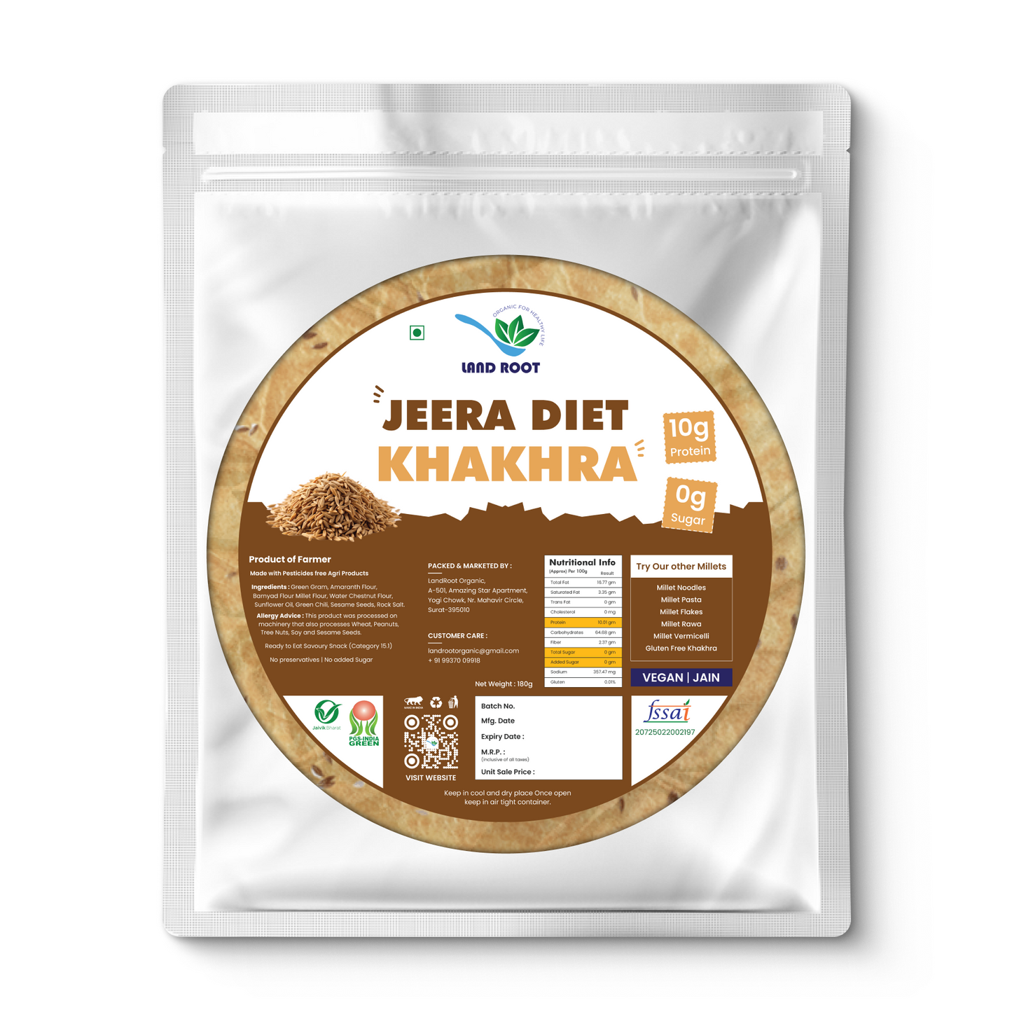 LandRoot Organic Jeera Dite Khakhra (180 GM)