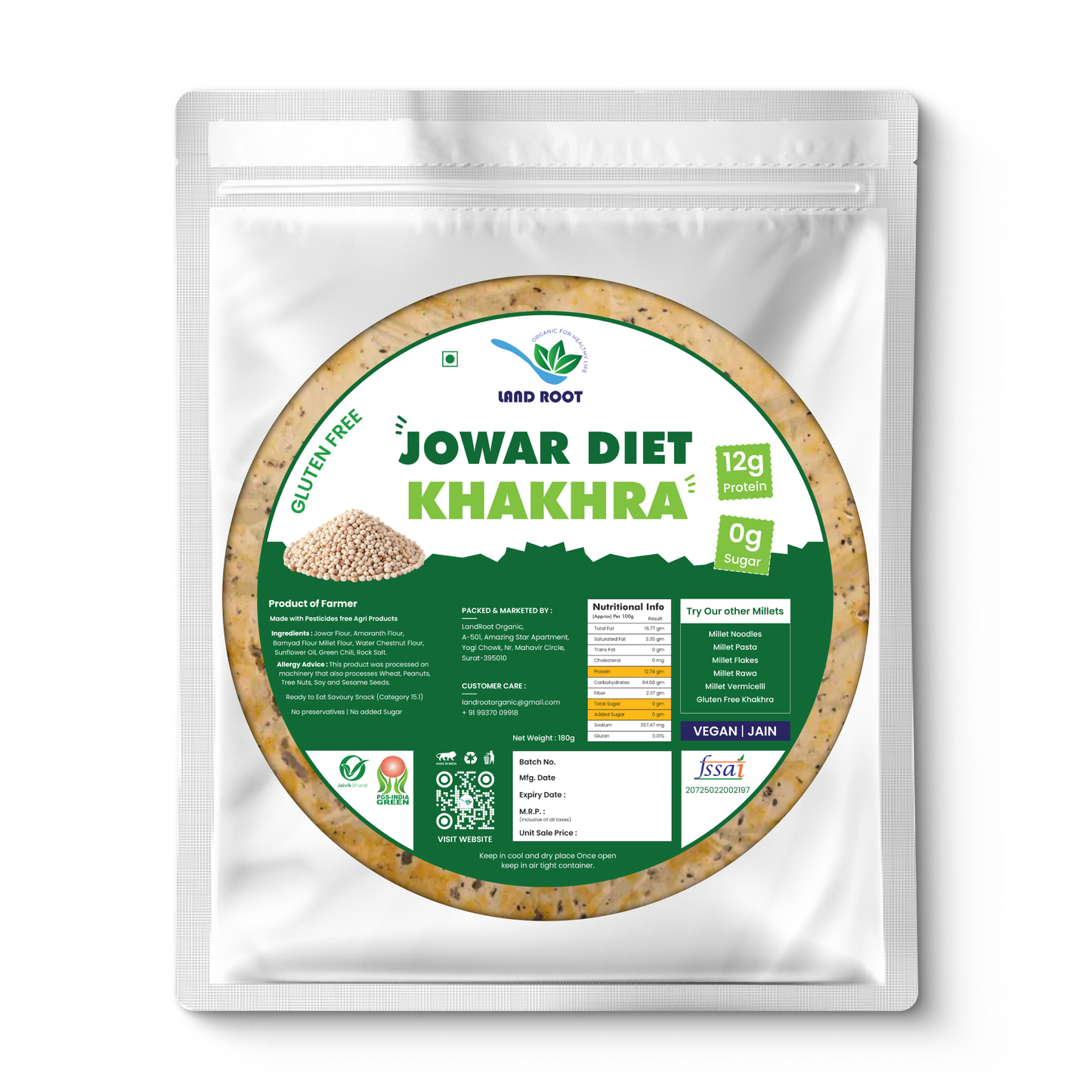 LandRoot Organic Gluten Free Jowar Diet Khakhra (180 GM)