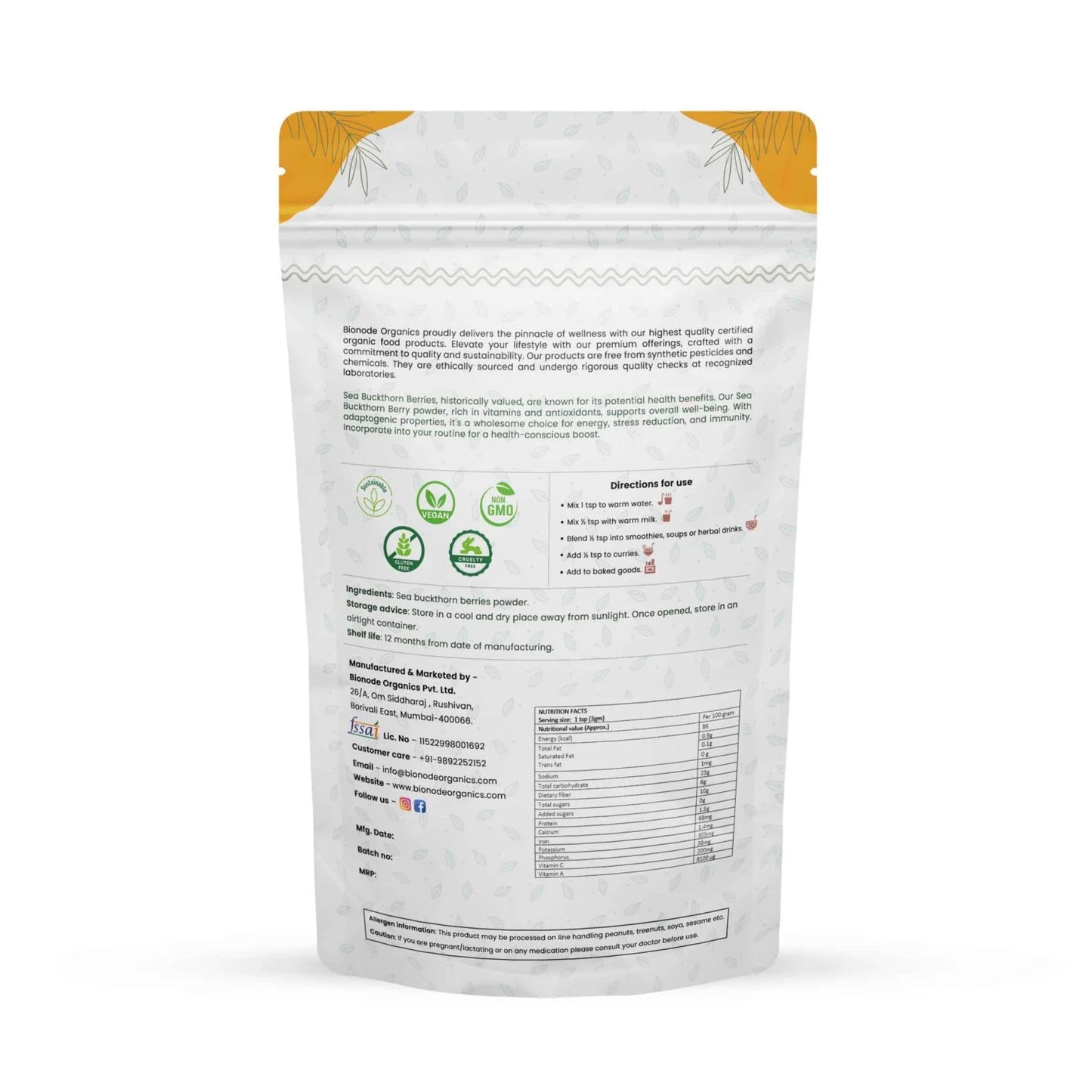 Bionode Organic Sea Buckthorn Berries Powder (100 GM)